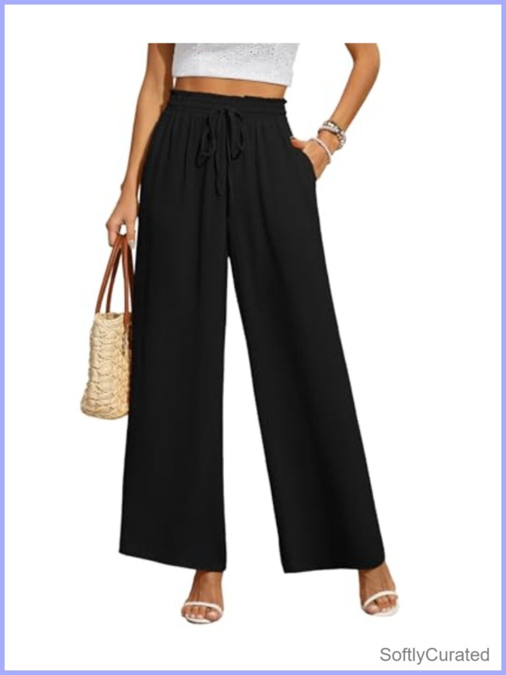 Women's Wide Leg Palazzo Pants Flowy Elastic Waist Tie Knot with Pockets